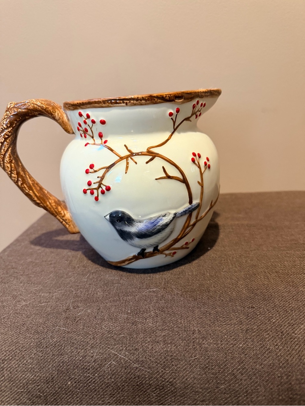 Hand-Painted Bird Ceramic Pitcher in Cream with Red Berry Accents